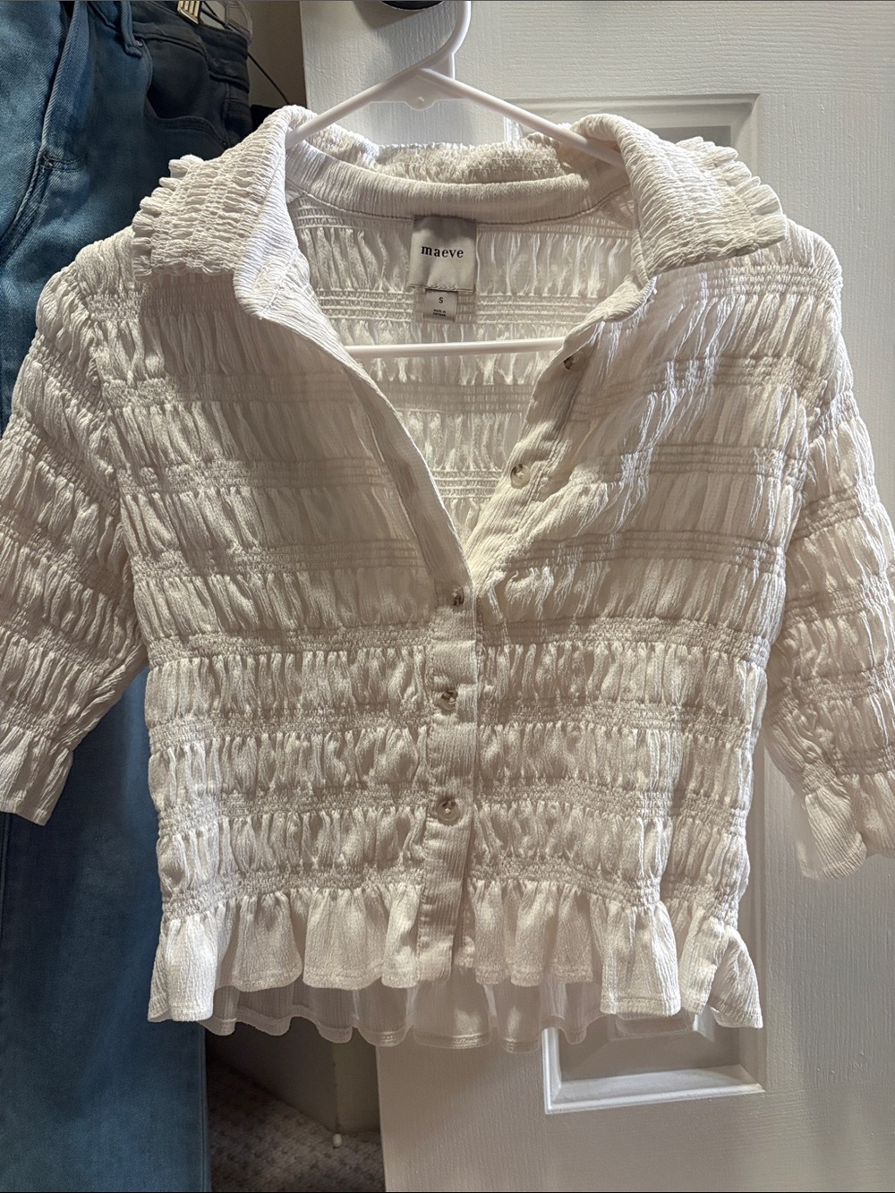 Anthropologie White Smocked Ruffle-Hem Button Top